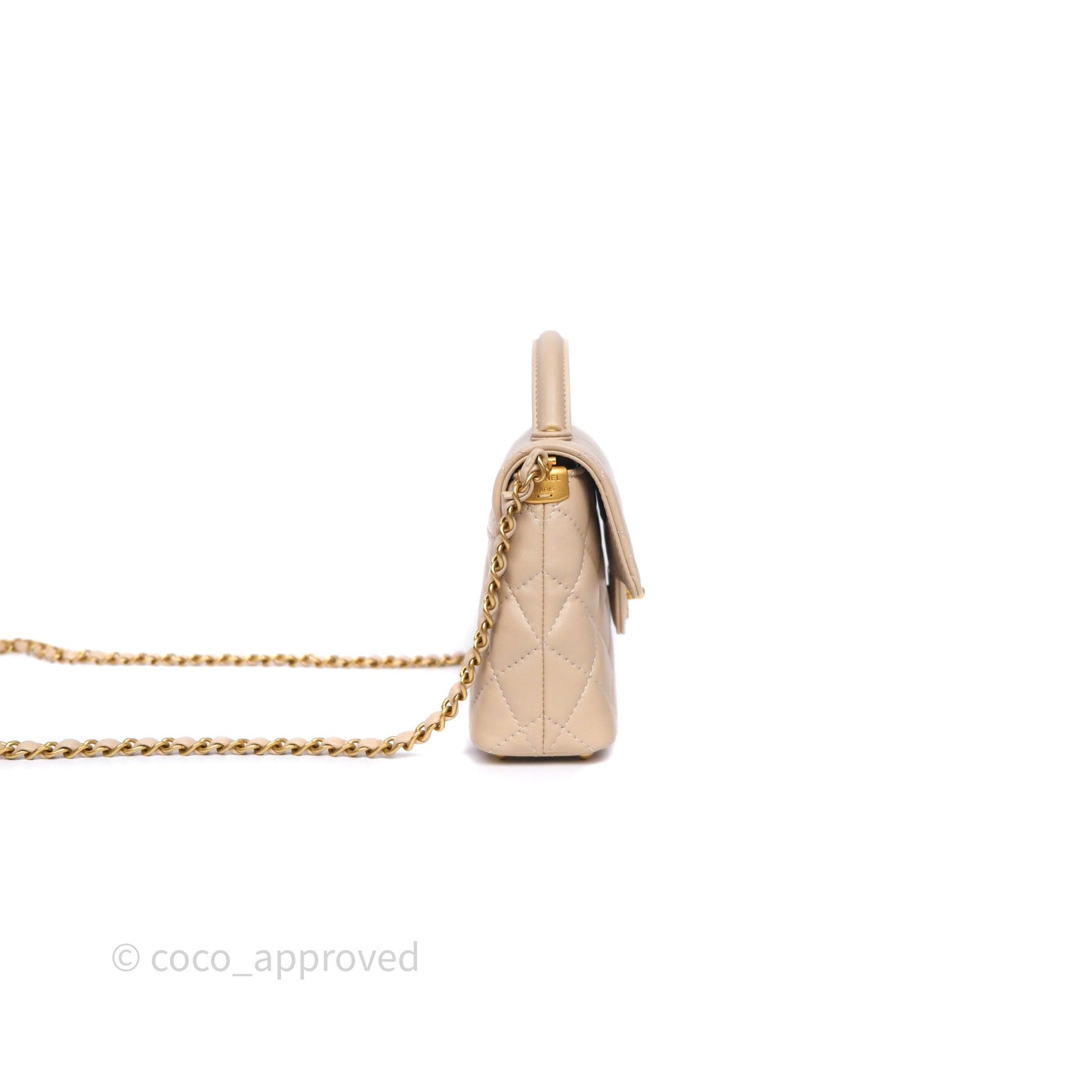 Chanel Small Top Handle Flap Bag Light Beige Lambskin Aged Gold Hardware 25P