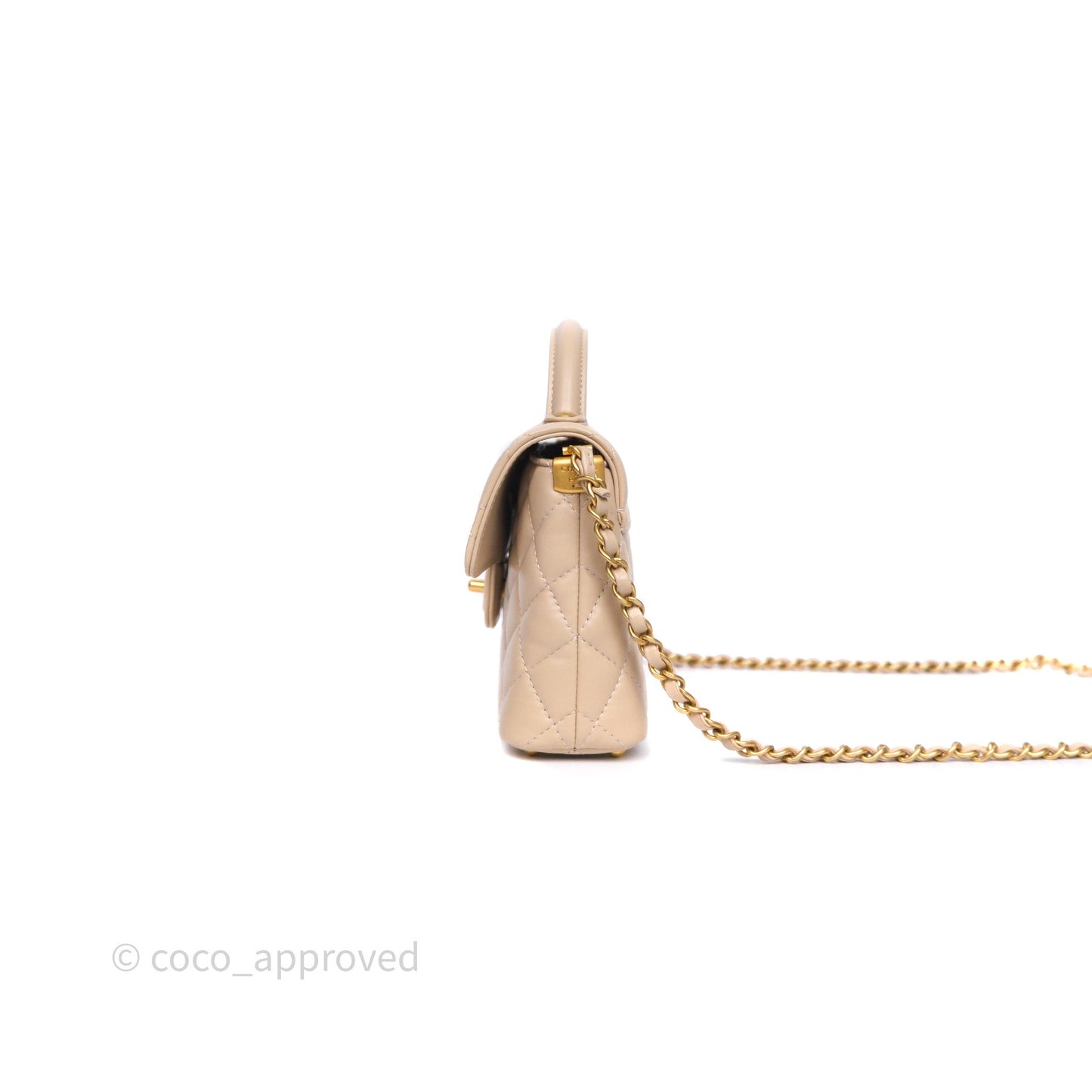 Chanel Small Top Handle Flap Bag Light Beige Lambskin Aged Gold Hardware 25P