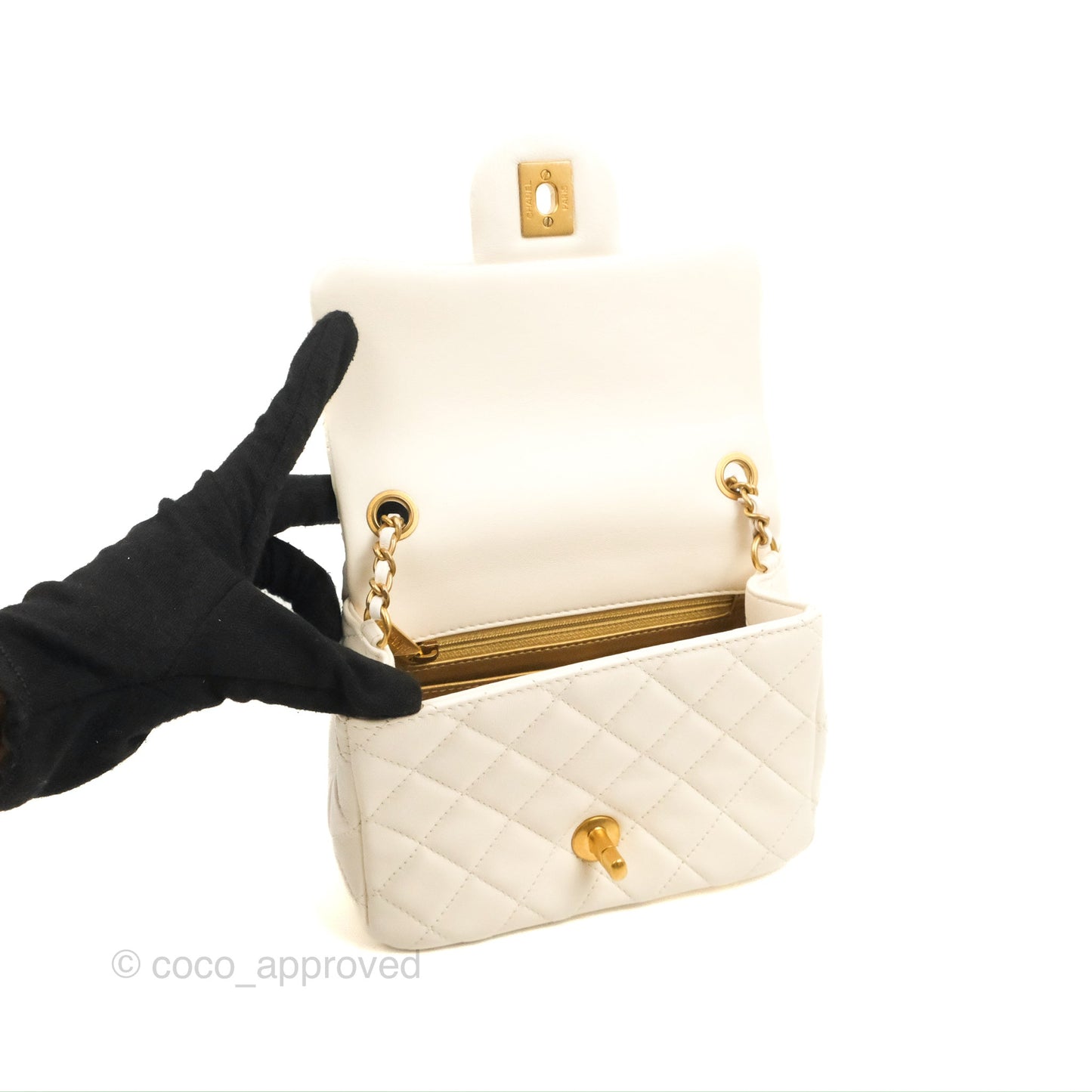 Chanel Mini Square Pearl Crush Quilted White Lambskin Aged Gold Hardware