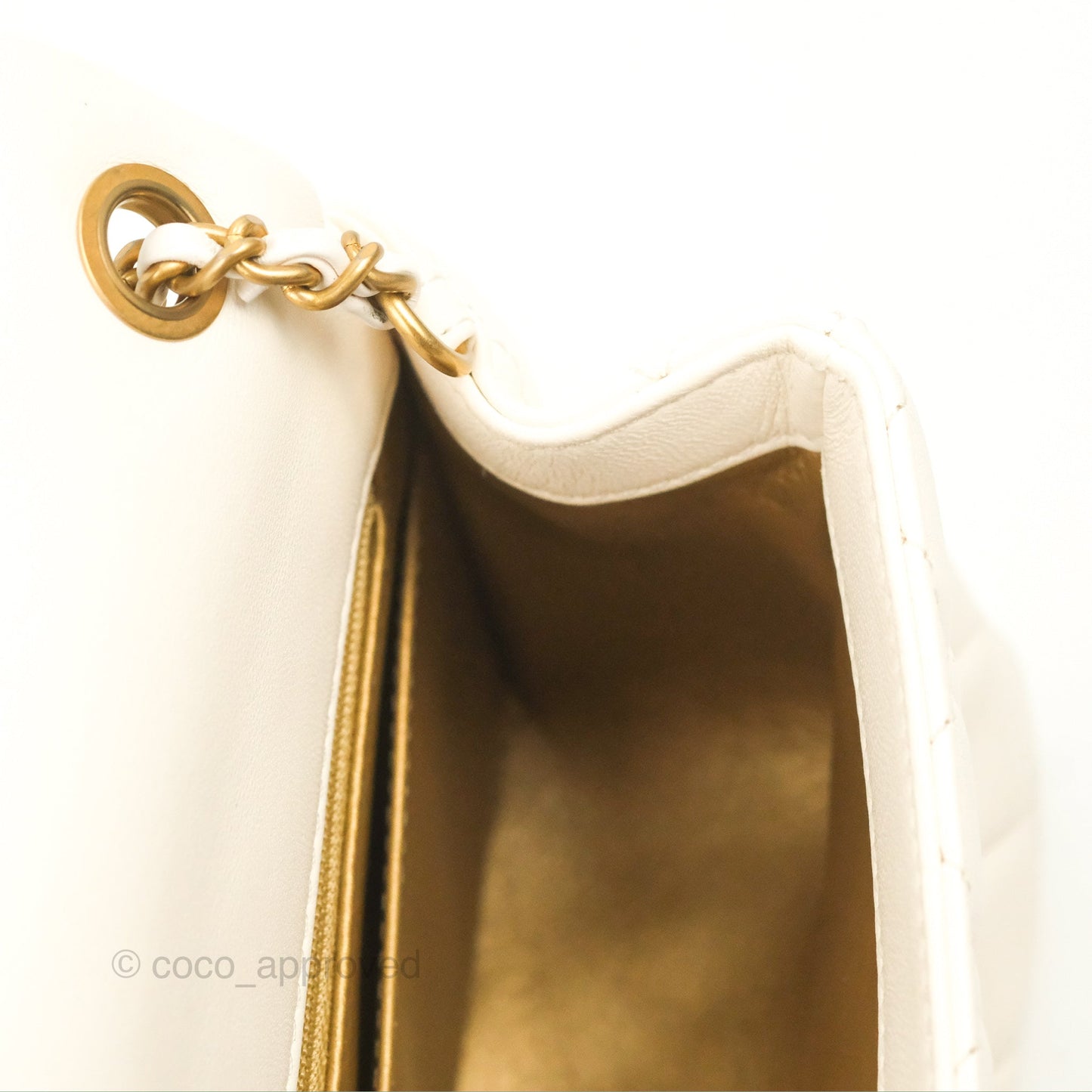 Chanel Mini Square Pearl Crush Quilted White Lambskin Aged Gold Hardware