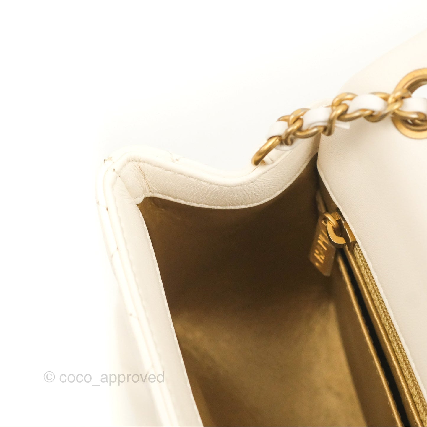 Chanel Mini Square Pearl Crush Quilted White Lambskin Aged Gold Hardware