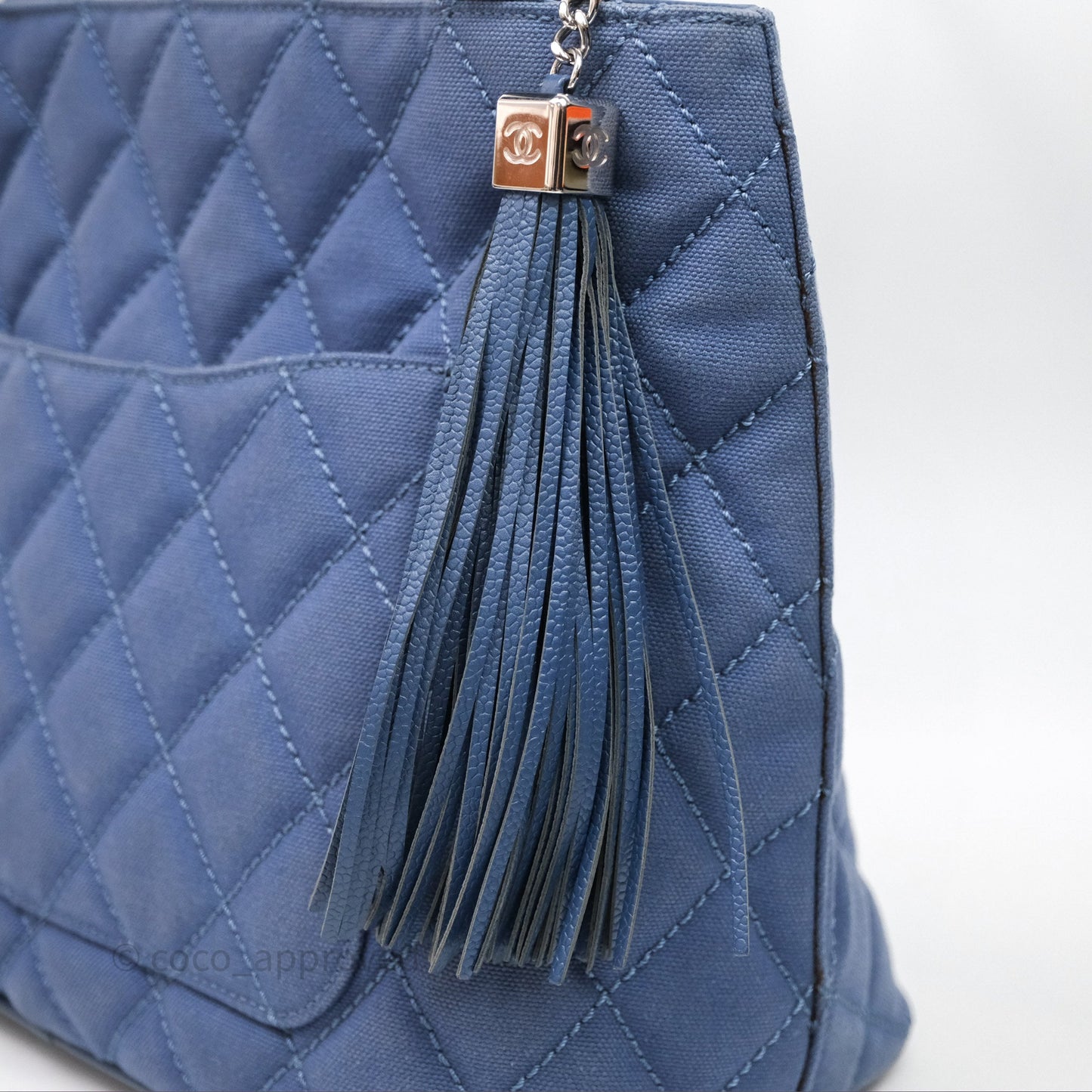 Chanel Blue Caviar Tassel Canvas Tote Bag