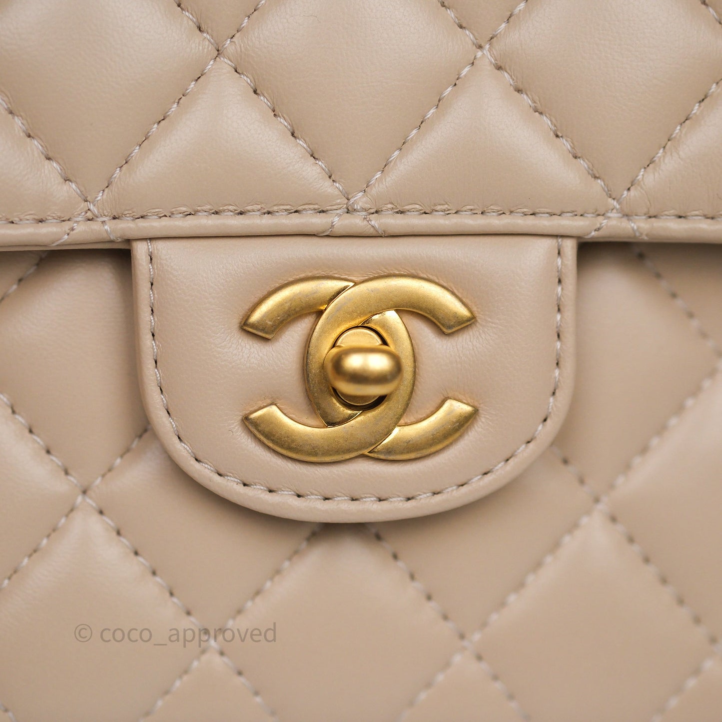 Chanel Small Top Handle Flap Bag Light Beige Lambskin Aged Gold Hardware 25P