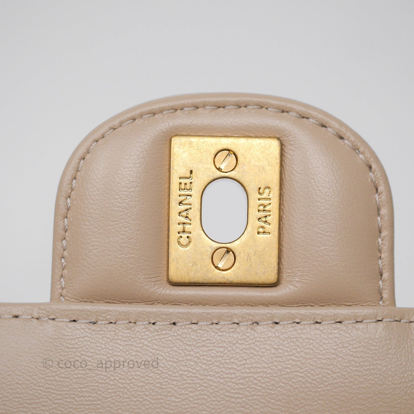 Chanel Small Top Handle Flap Bag Light Beige Lambskin Aged Gold Hardware 25P