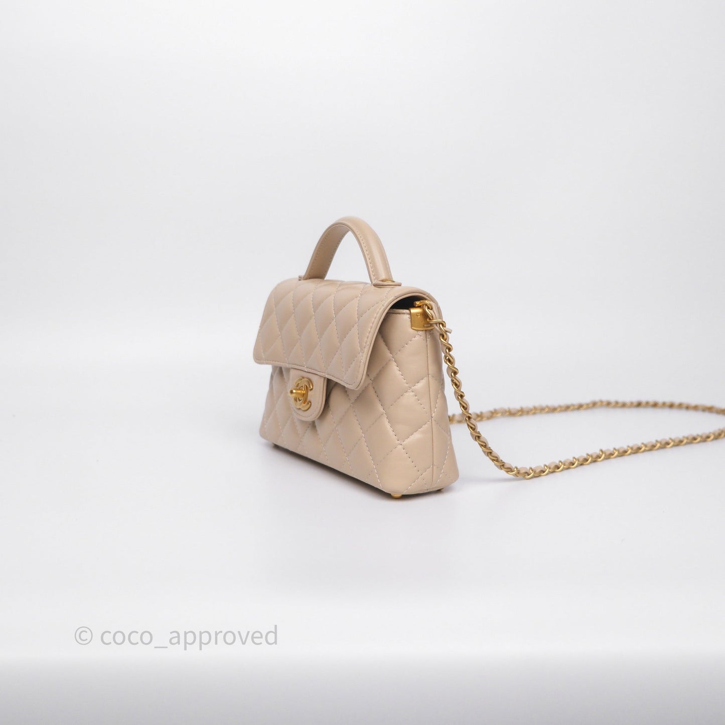 Chanel Small Top Handle Flap Bag Light Beige Lambskin Aged Gold Hardware 25P