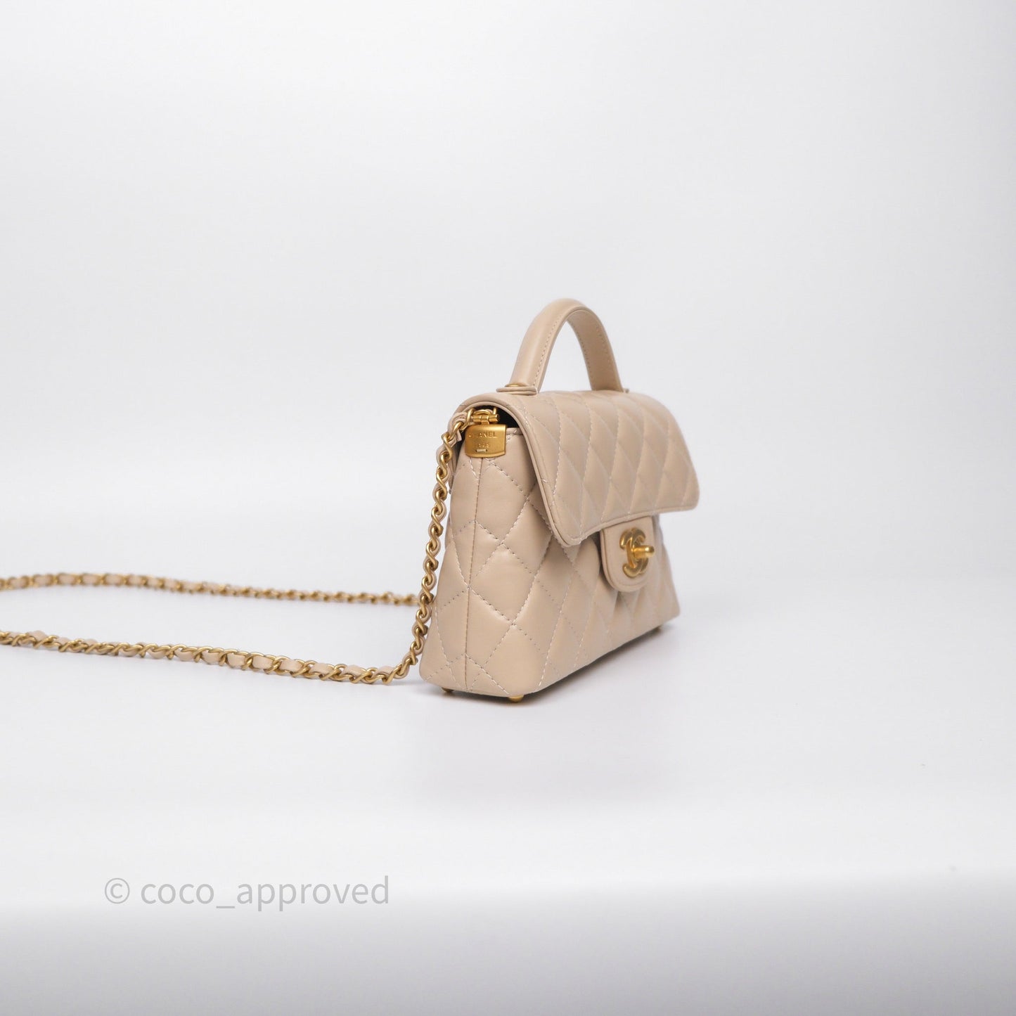 Chanel Small Top Handle Flap Bag Light Beige Lambskin Aged Gold Hardware 25P