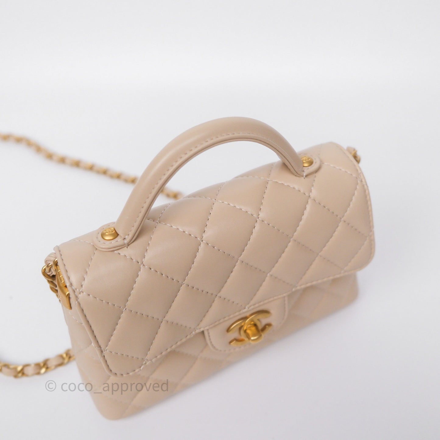 Chanel Small Top Handle Flap Bag Light Beige Lambskin Aged Gold Hardware 25P