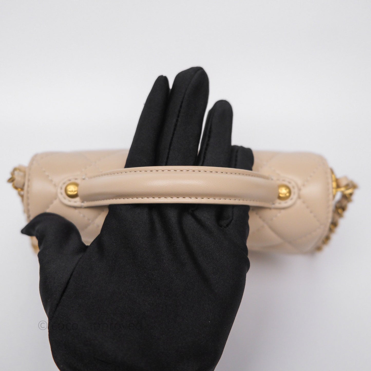 Chanel Small Top Handle Flap Bag Light Beige Lambskin Aged Gold Hardware 25P