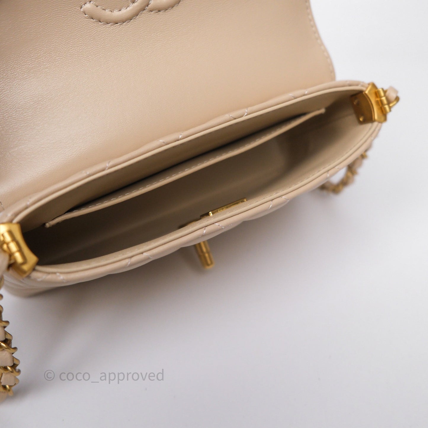 Chanel Small Top Handle Flap Bag Light Beige Lambskin Aged Gold Hardware 25P