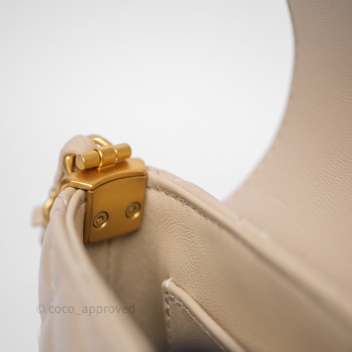Chanel Small Top Handle Flap Bag Light Beige Lambskin Aged Gold Hardware 25P