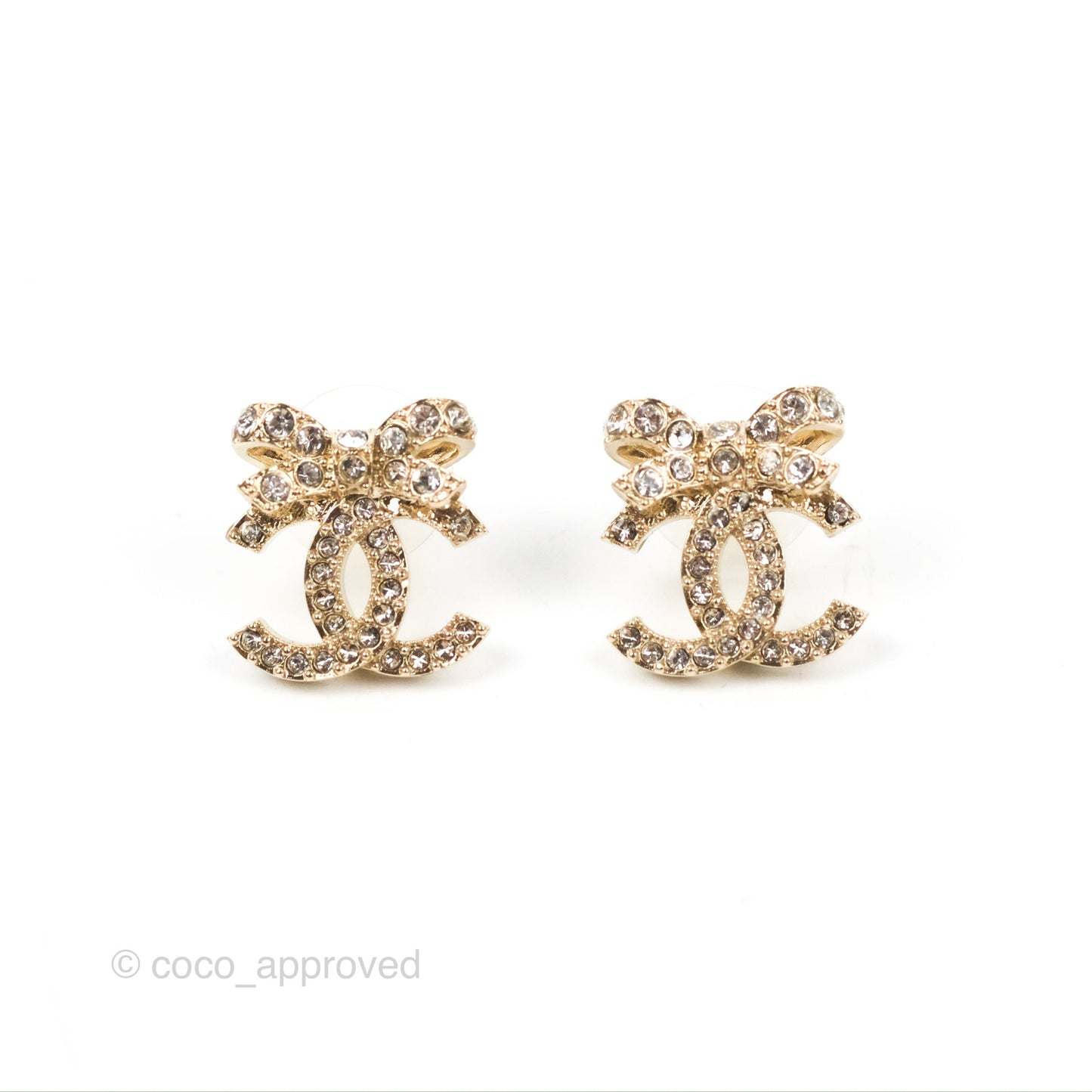 Chanel Crystal Ribbon Bow CC Earrings Gold Tone 23S