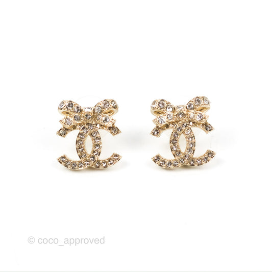 Chanel Crystal Ribbon Bow CC Earrings Gold Tone 23S