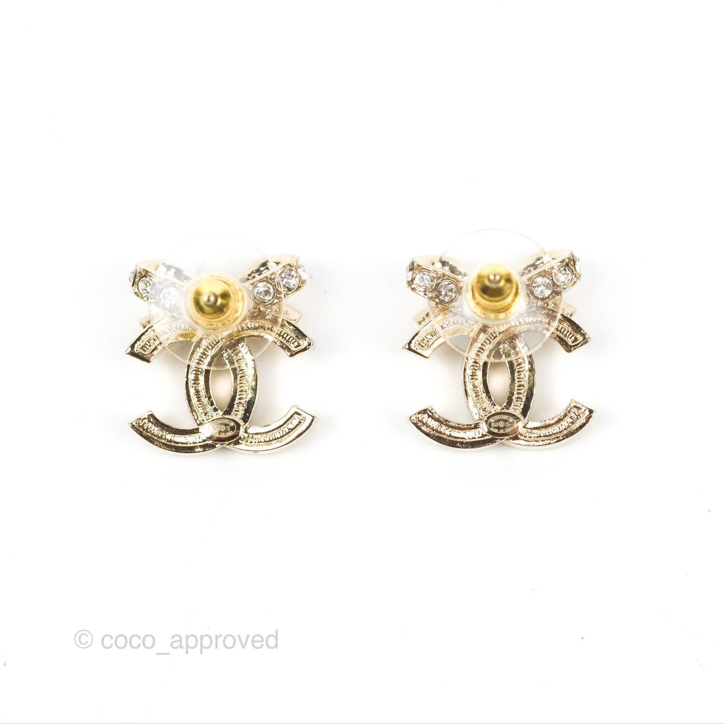 Chanel Crystal Ribbon Bow CC Earrings Gold Tone 23S