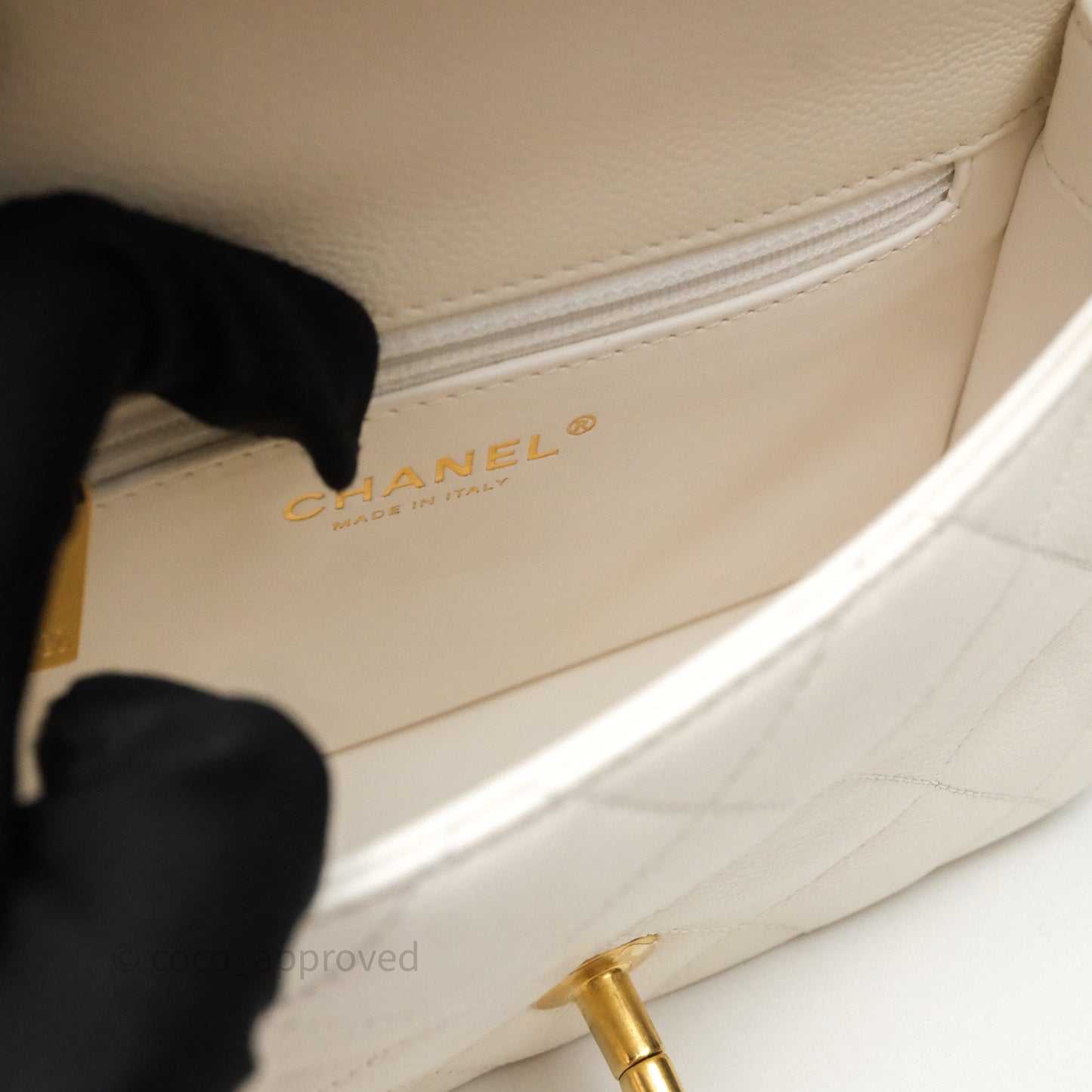 Chanel Mini Flap Bag Heart Adjustable Chain White Caviar Aged Gold Hardware