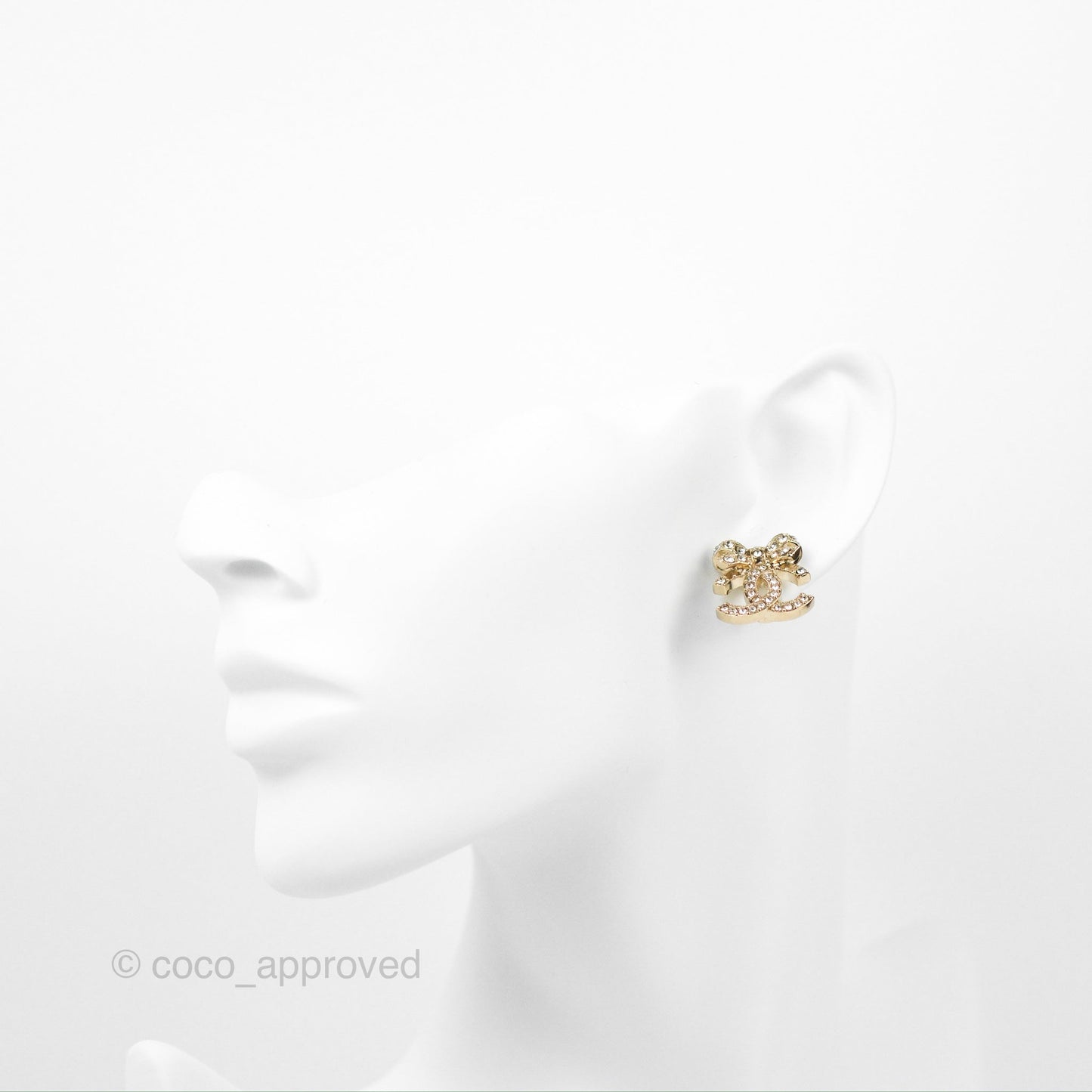 Chanel Crystal Ribbon Bow CC Earrings Gold Tone 23S