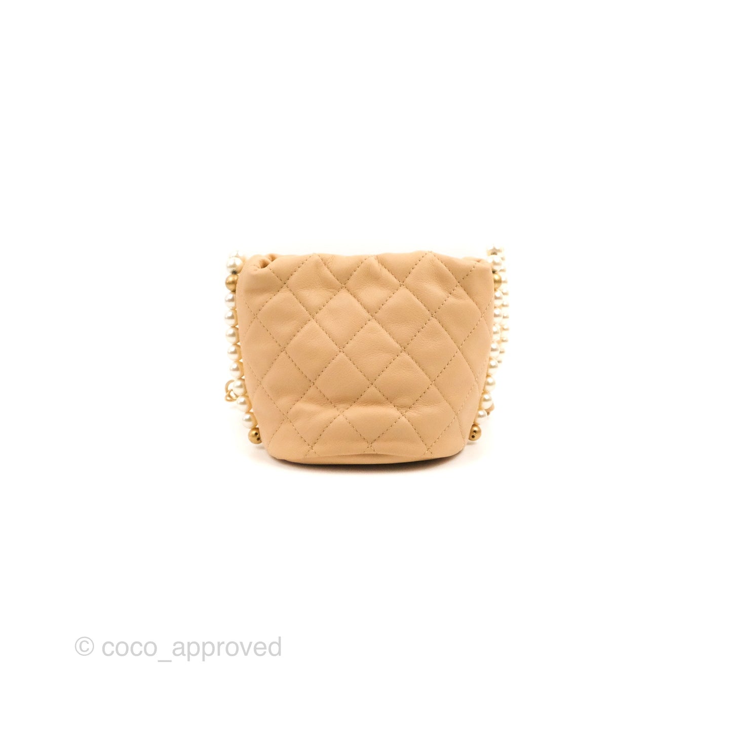 Chanel Quilted Pearl Mini About Pearls Drawstring Bucket Bag Beige Lambskin Aged Gold Hardware