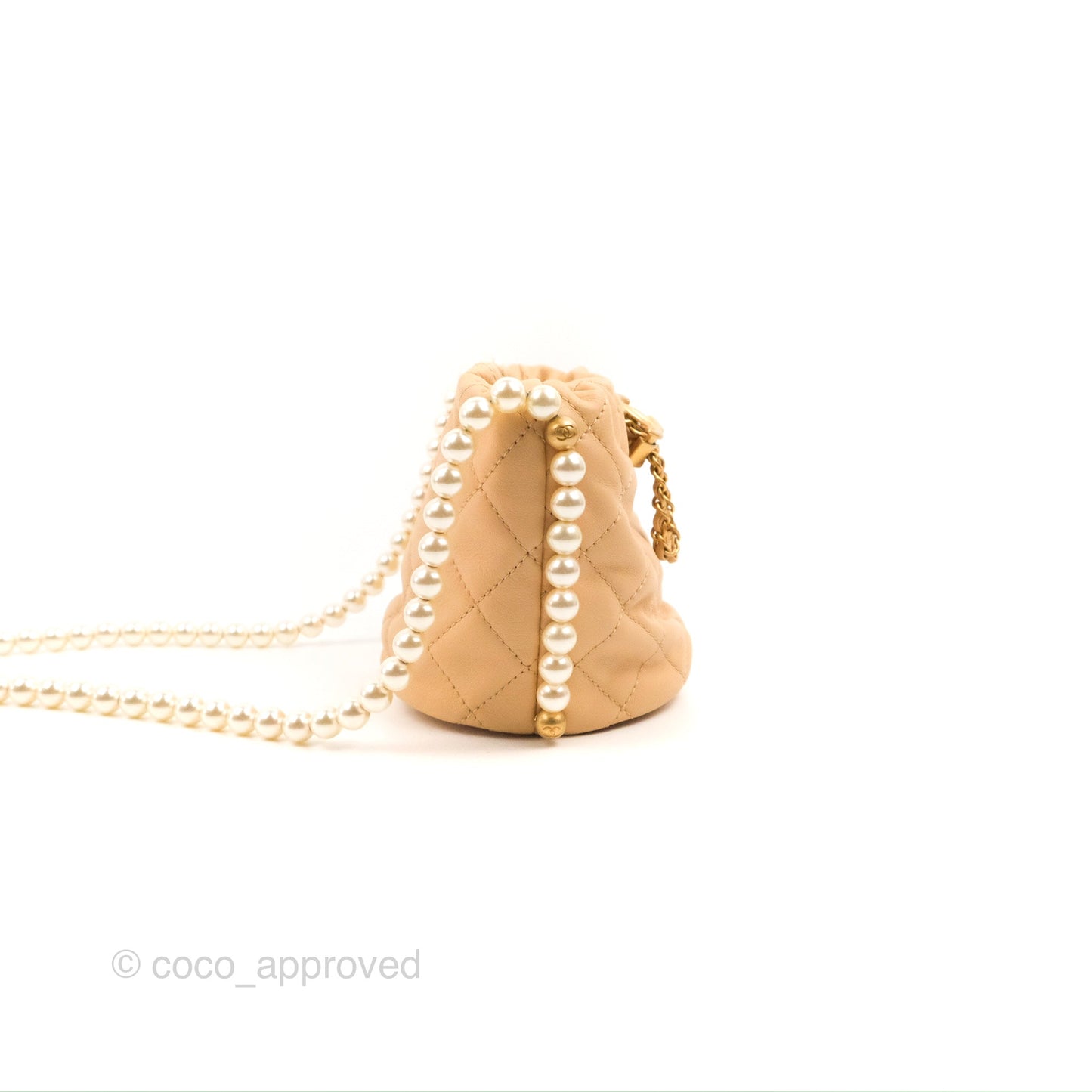 Chanel Quilted Pearl Mini About Pearls Drawstring Bucket Bag Beige Lambskin Aged Gold Hardware