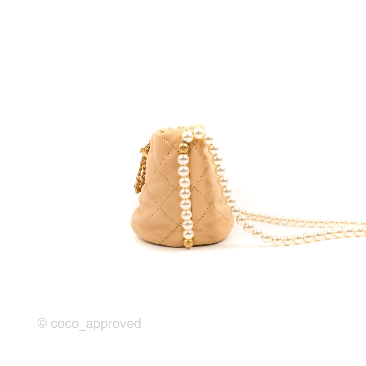 Chanel Quilted Pearl Mini About Pearls Drawstring Bucket Bag Beige Lambskin Aged Gold Hardware