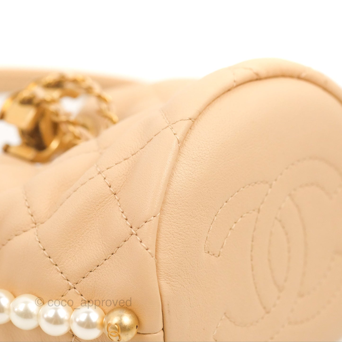 Chanel Quilted Pearl Mini About Pearls Drawstring Bucket Bag Beige Lambskin Aged Gold Hardware