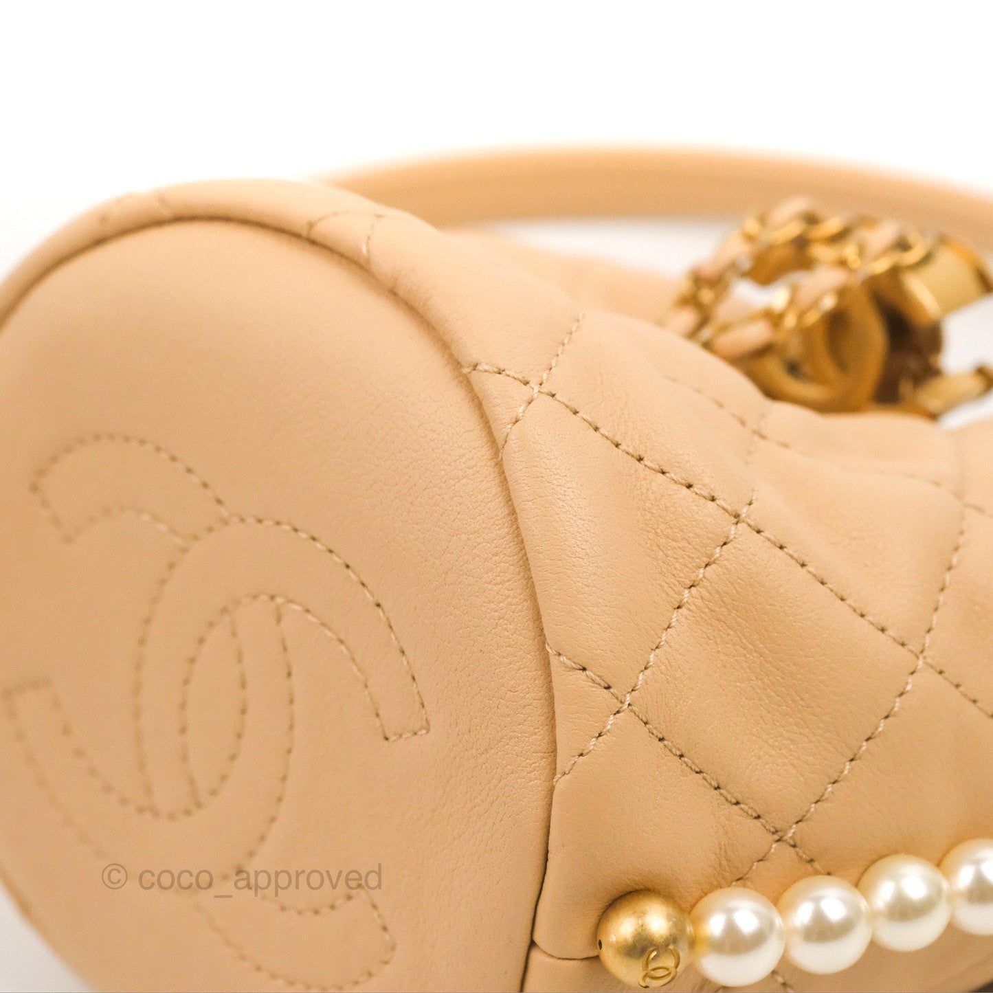 Chanel Quilted Pearl Mini About Pearls Drawstring Bucket Bag Beige Lambskin Aged Gold Hardware