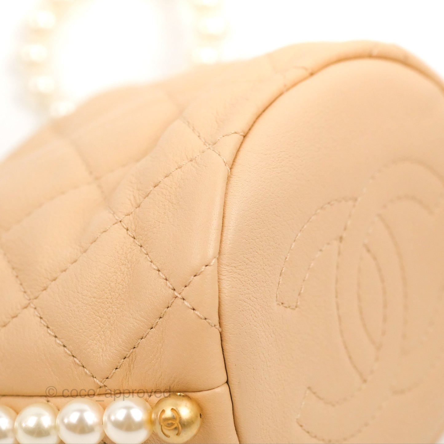 Chanel Quilted Pearl Mini About Pearls Drawstring Bucket Bag Beige Lambskin Aged Gold Hardware