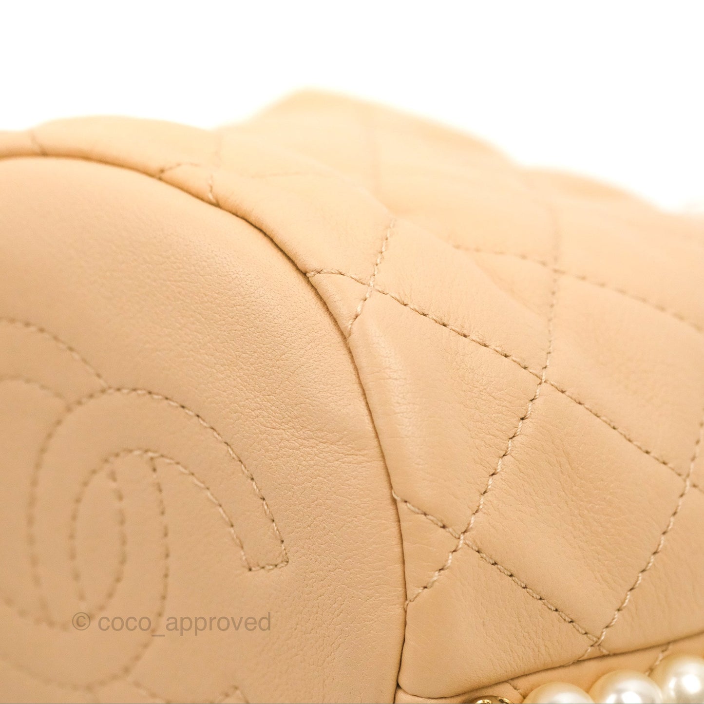 Chanel Quilted Pearl Mini About Pearls Drawstring Bucket Bag Beige Lambskin Aged Gold Hardware
