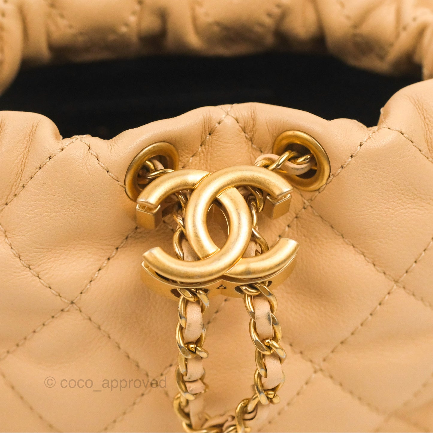 Chanel Quilted Pearl Mini About Pearls Drawstring Bucket Bag Beige Lambskin Aged Gold Hardware