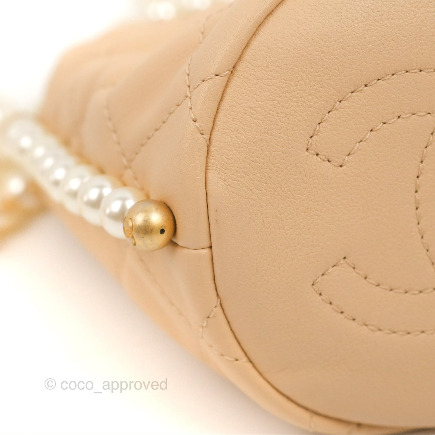 Chanel Quilted Pearl Mini About Pearls Drawstring Bucket Bag Beige Lambskin Aged Gold Hardware
