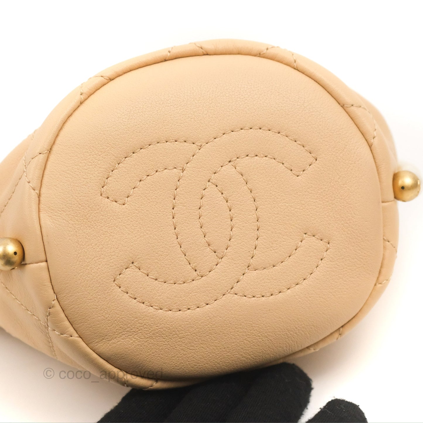 Chanel Quilted Pearl Mini About Pearls Drawstring Bucket Bag Beige Lambskin Aged Gold Hardware