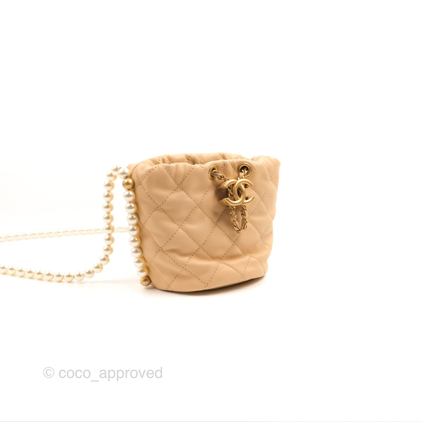 Chanel Quilted Pearl Mini About Pearls Drawstring Bucket Bag Beige Lambskin Aged Gold Hardware