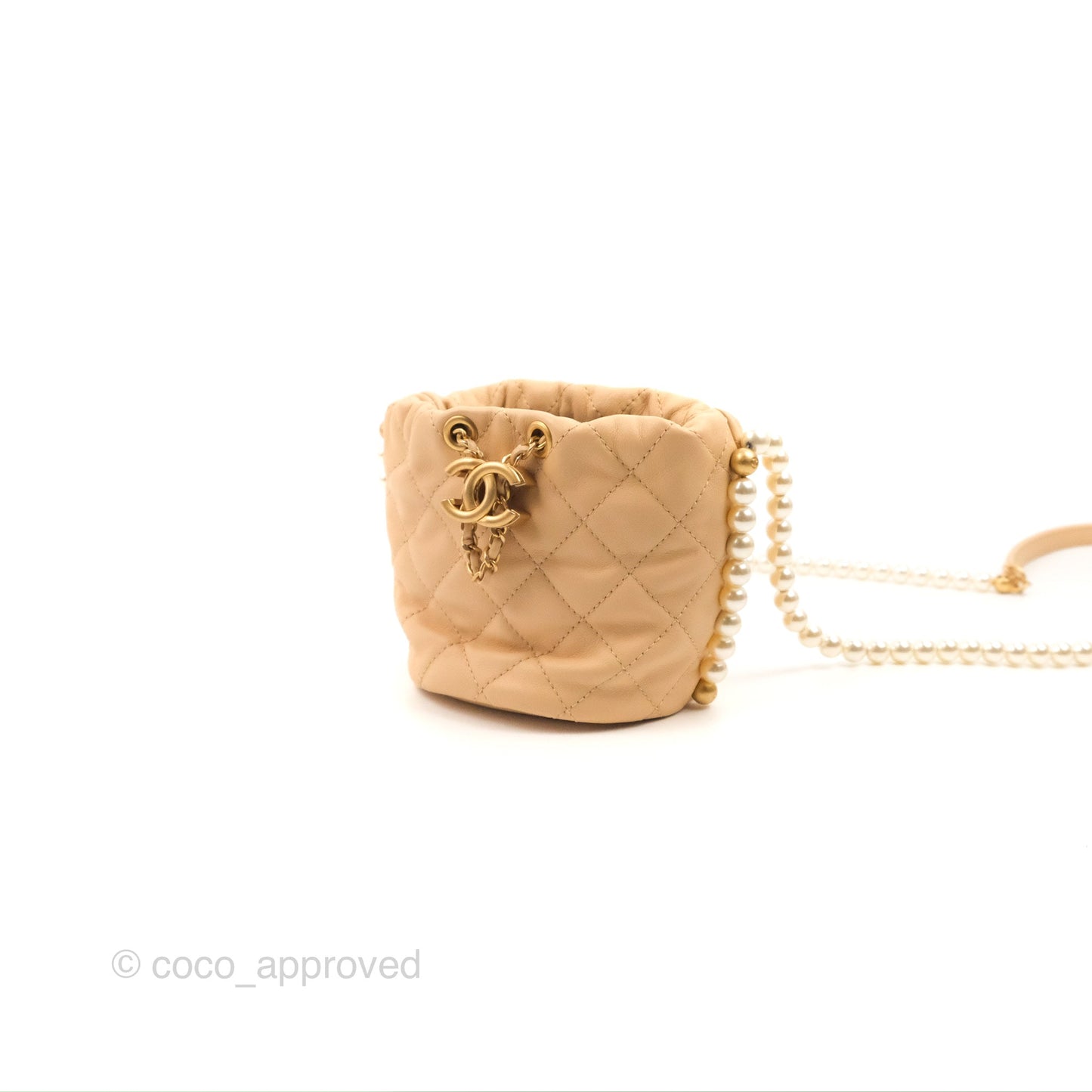 Chanel Quilted Pearl Mini About Pearls Drawstring Bucket Bag Beige Lambskin Aged Gold Hardware