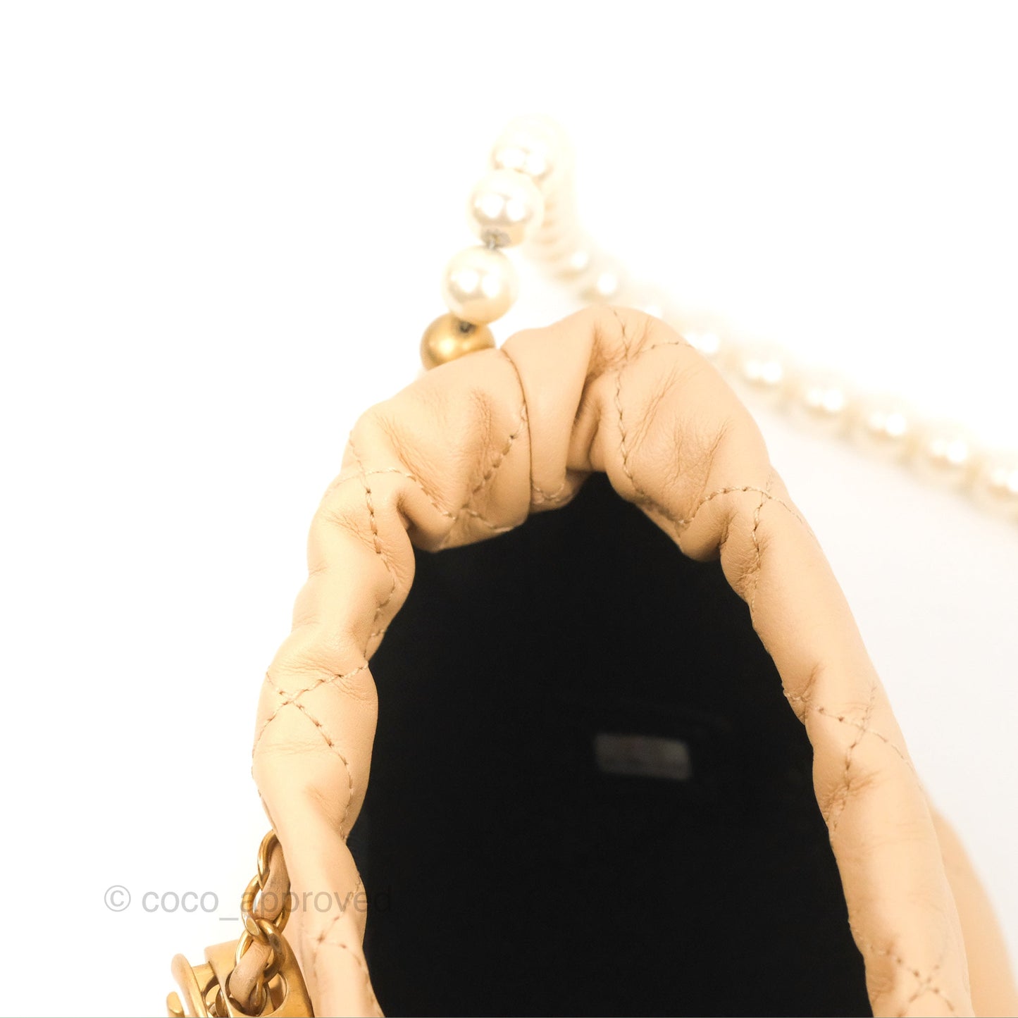 Chanel Quilted Pearl Mini About Pearls Drawstring Bucket Bag Beige Lambskin Aged Gold Hardware