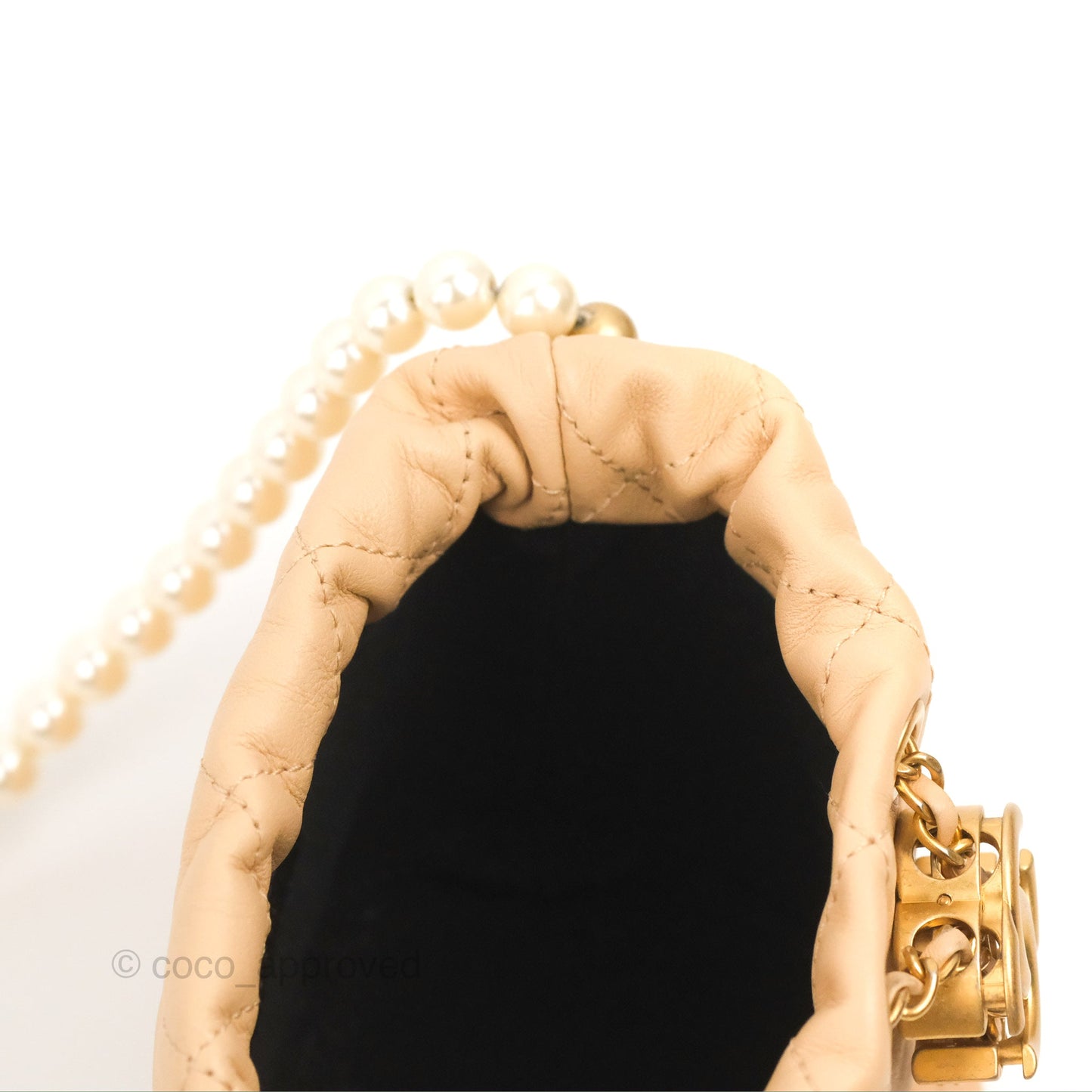 Chanel Quilted Pearl Mini About Pearls Drawstring Bucket Bag Beige Lambskin Aged Gold Hardware