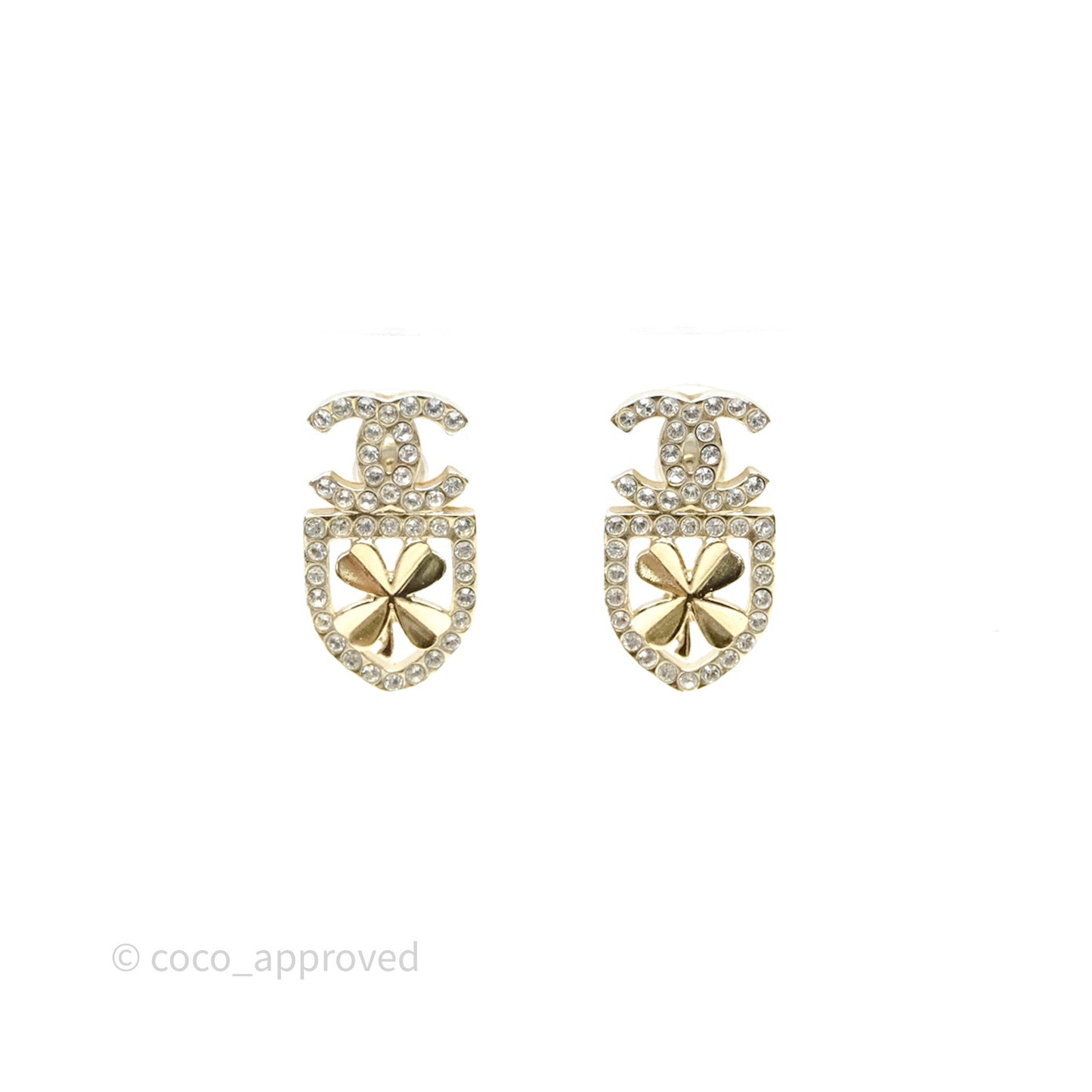 Chanel CC Crystals Clover Shield Earrings Gold Tone 20B