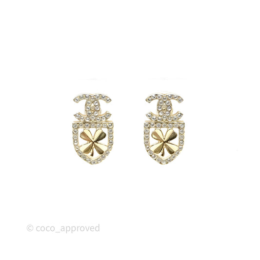Chanel CC Crystals Clover Shield Earrings Gold Tone 20B