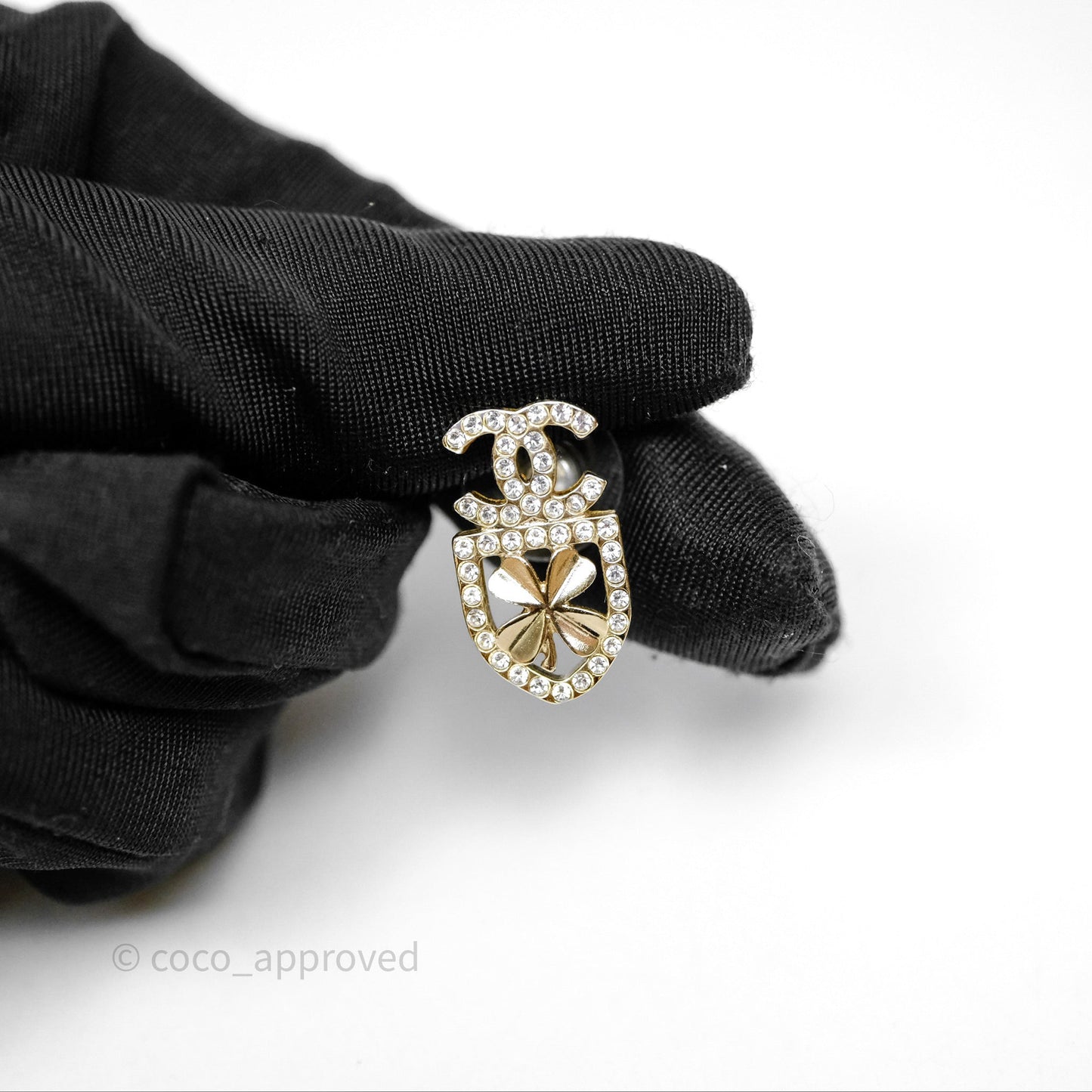 Chanel CC Crystals Clover Shield Earrings Gold Tone 20B