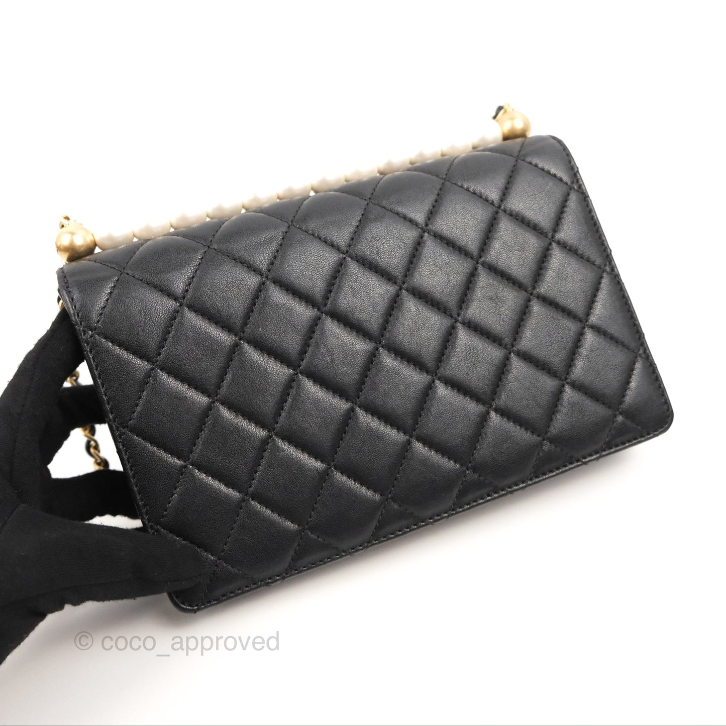 Chanel Small Quilted Chic Pearls Flap Black Goatskin Aged Gold Hardware