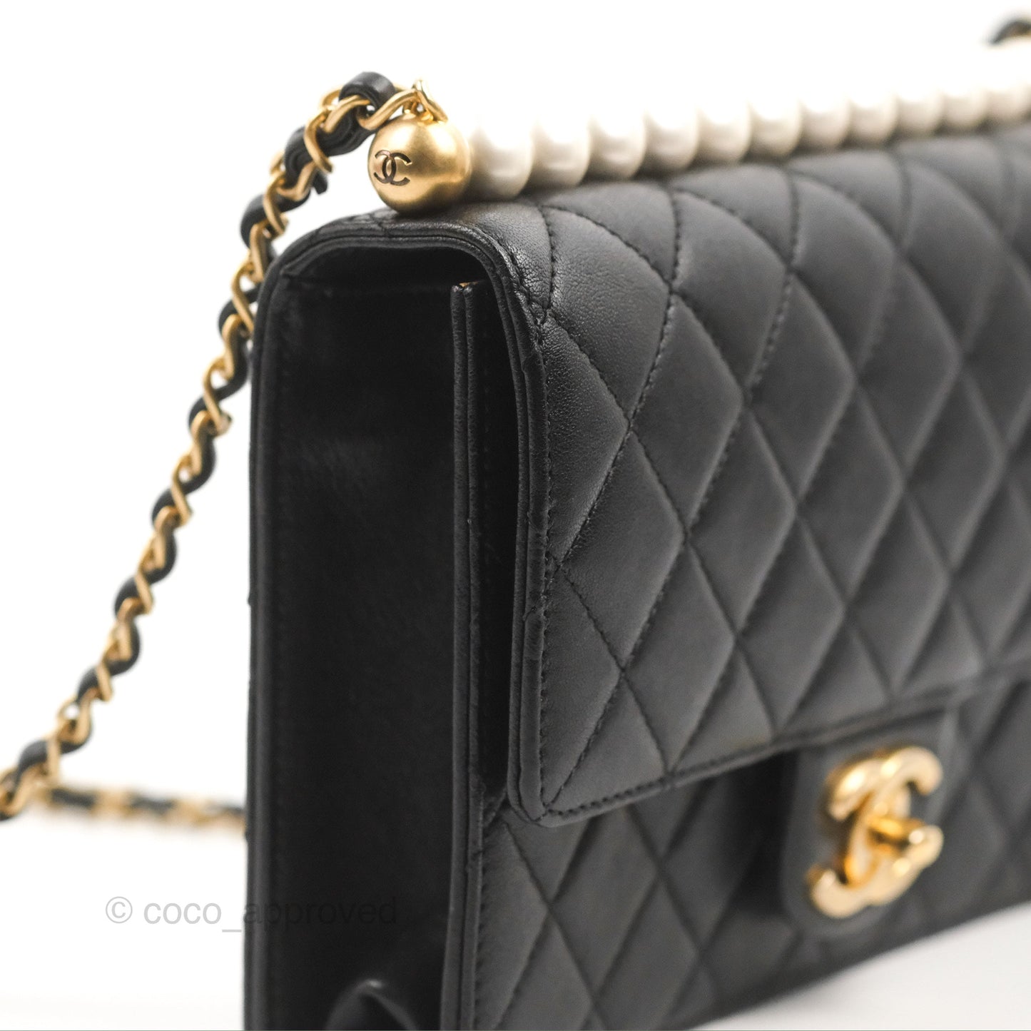 Chanel Small Quilted Chic Pearls Flap Black Goatskin Aged Gold Hardware