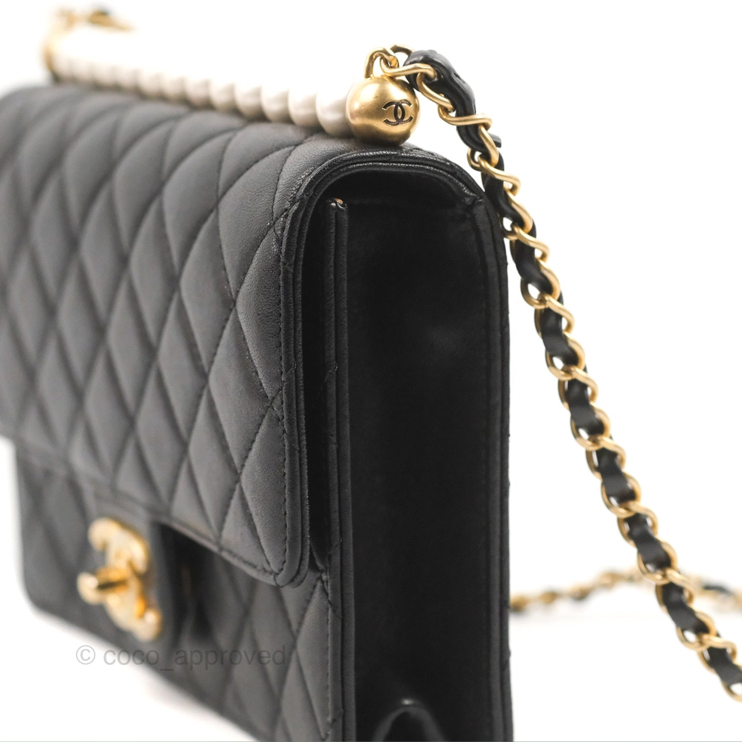 Chanel Small Quilted Chic Pearls Flap Black Goatskin Aged Gold Hardware