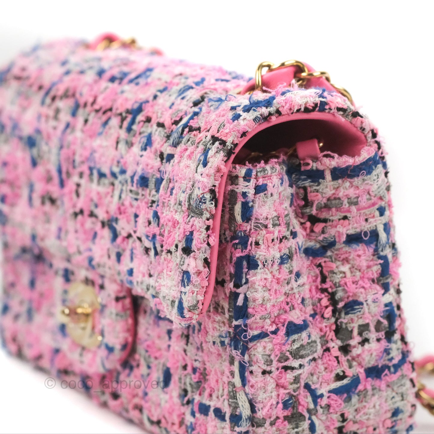 Chanel Quilted Mini Rectangular Flap Pink/Blue Tweed Gold Hardware 23