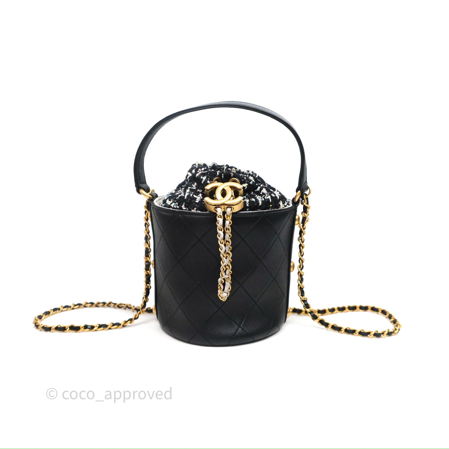 Chanel Drawstring Tweed Bucket Bag Quilted Black Caviar Aged Gold Hardware