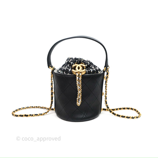 Chanel Drawstring Tweed Bucket Bag Quilted Black Caviar Aged Gold Hardware