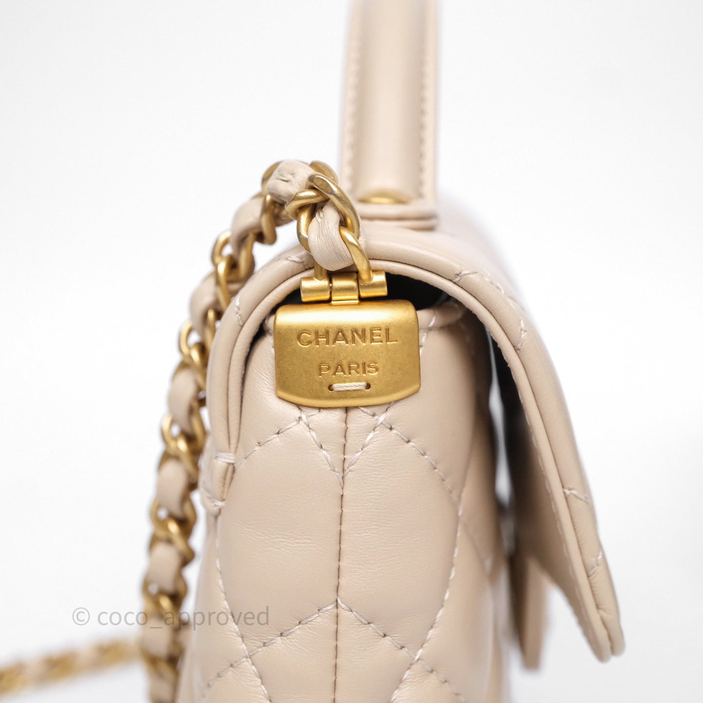Chanel Small Top Handle Flap Bag Light Beige Lambskin Aged Gold Hardware 25P