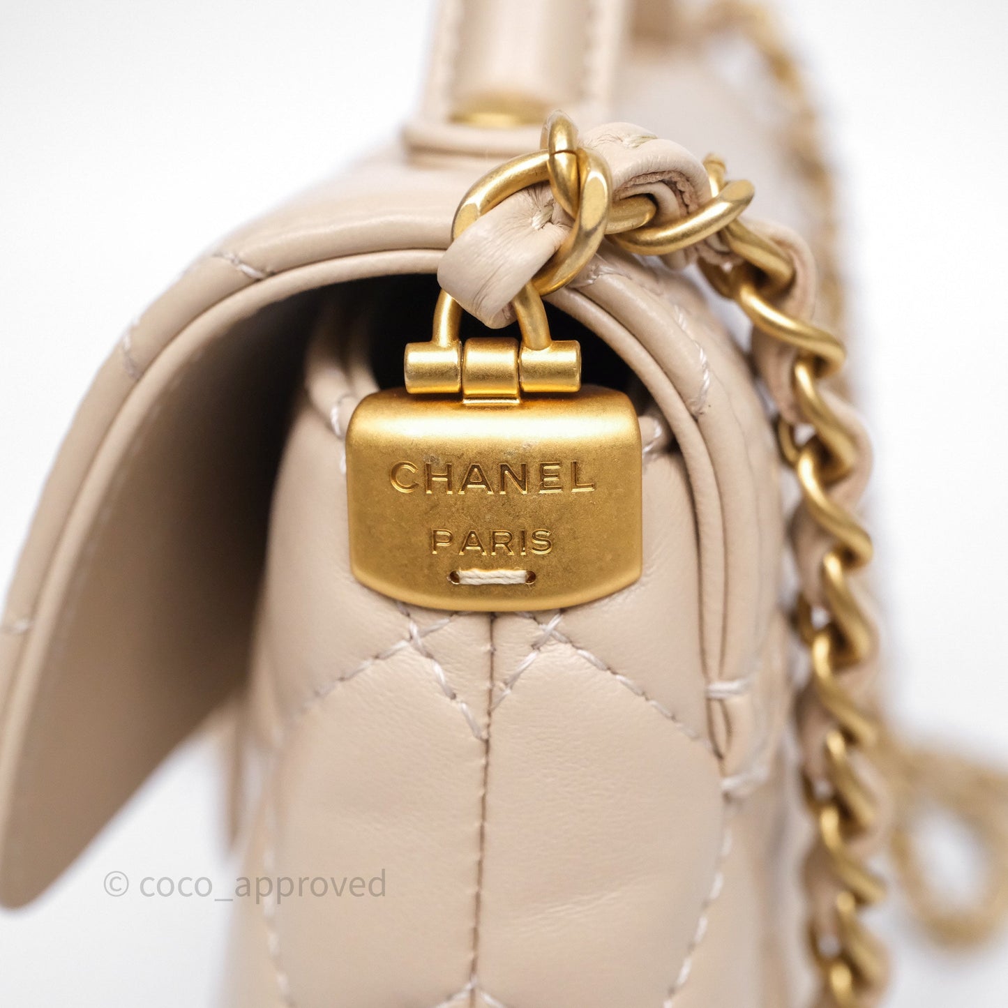 Chanel Small Top Handle Flap Bag Light Beige Lambskin Aged Gold Hardware 25P