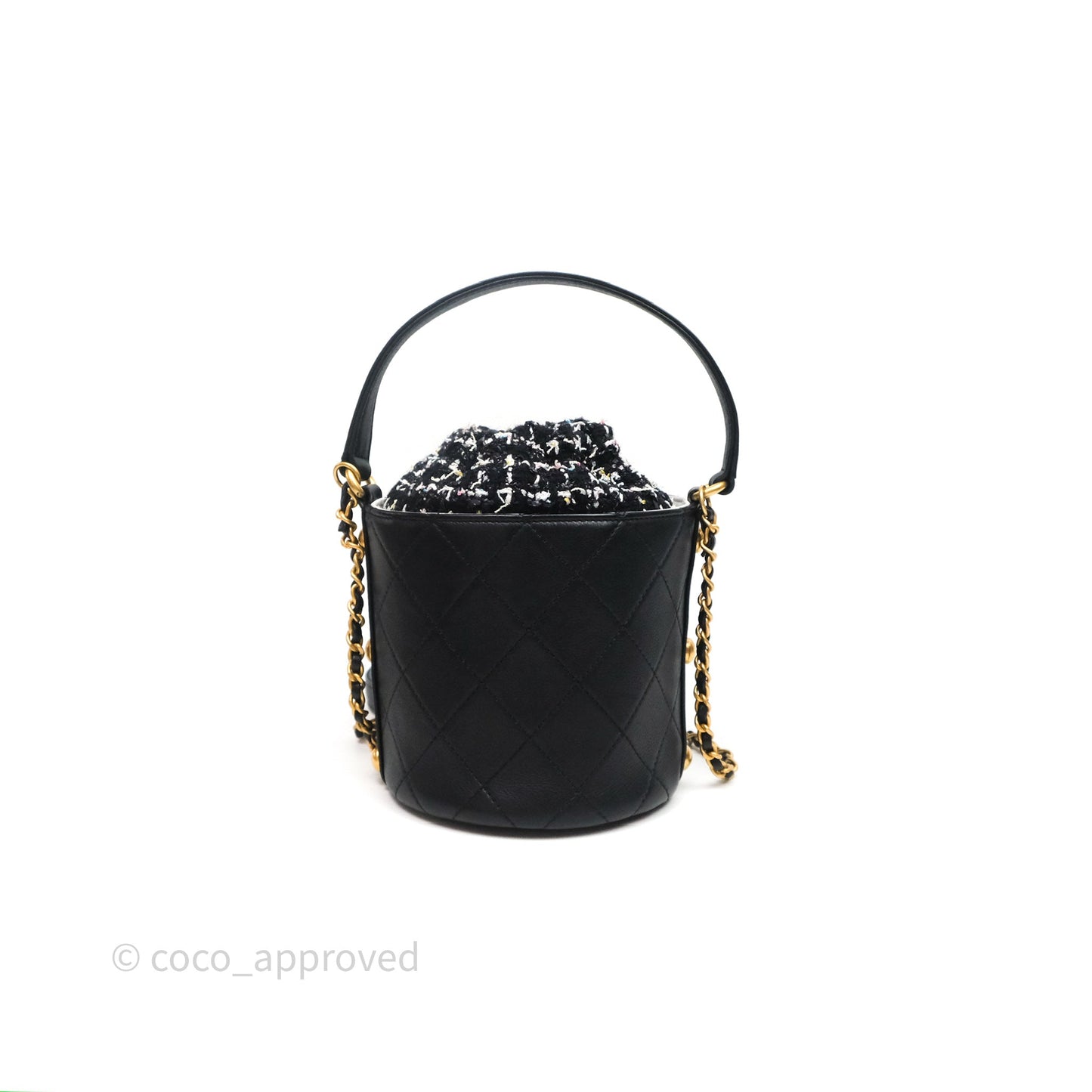 Chanel Drawstring Tweed Bucket Bag Quilted Black Caviar Aged Gold Hardware