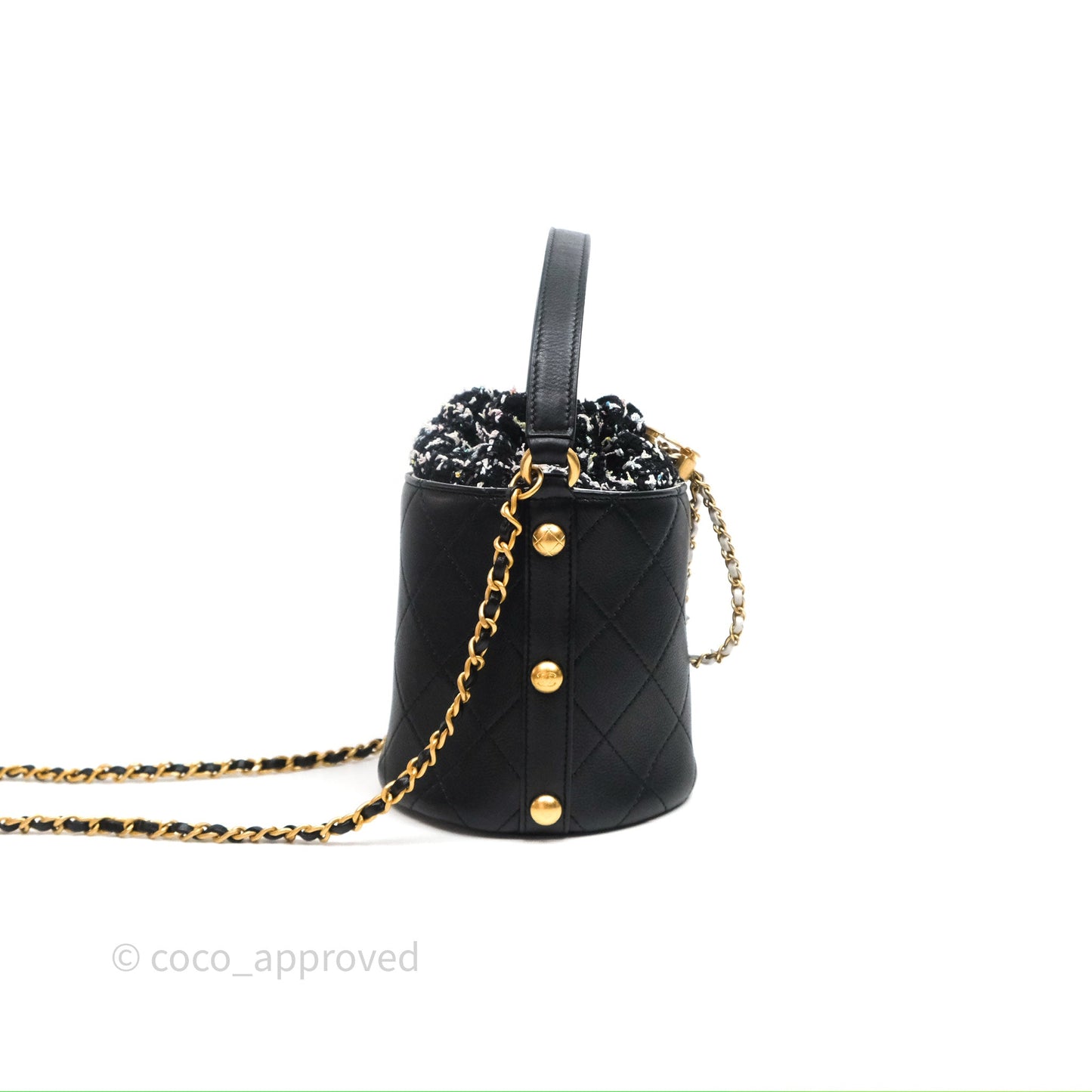 Chanel Drawstring Tweed Bucket Bag Quilted Black Caviar Aged Gold Hardware