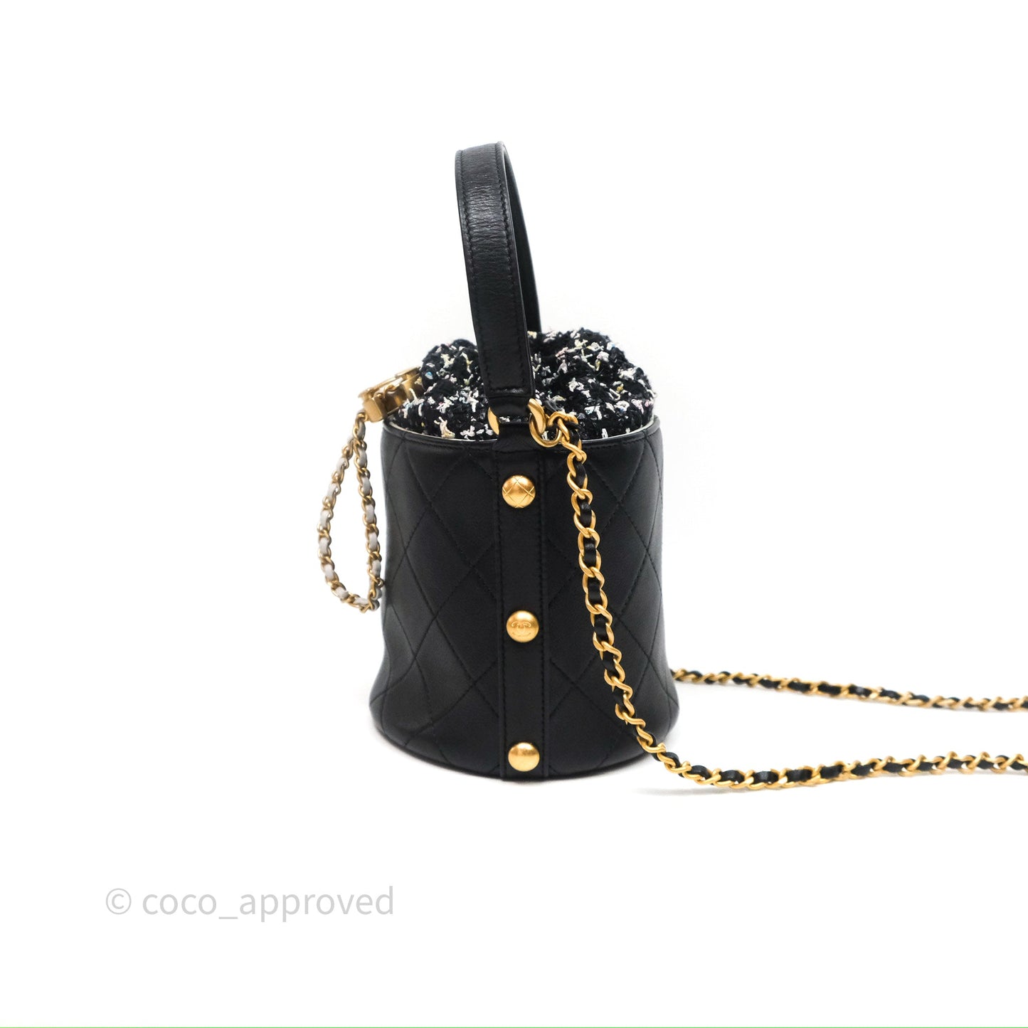 Chanel Drawstring Tweed Bucket Bag Quilted Black Caviar Aged Gold Hardware