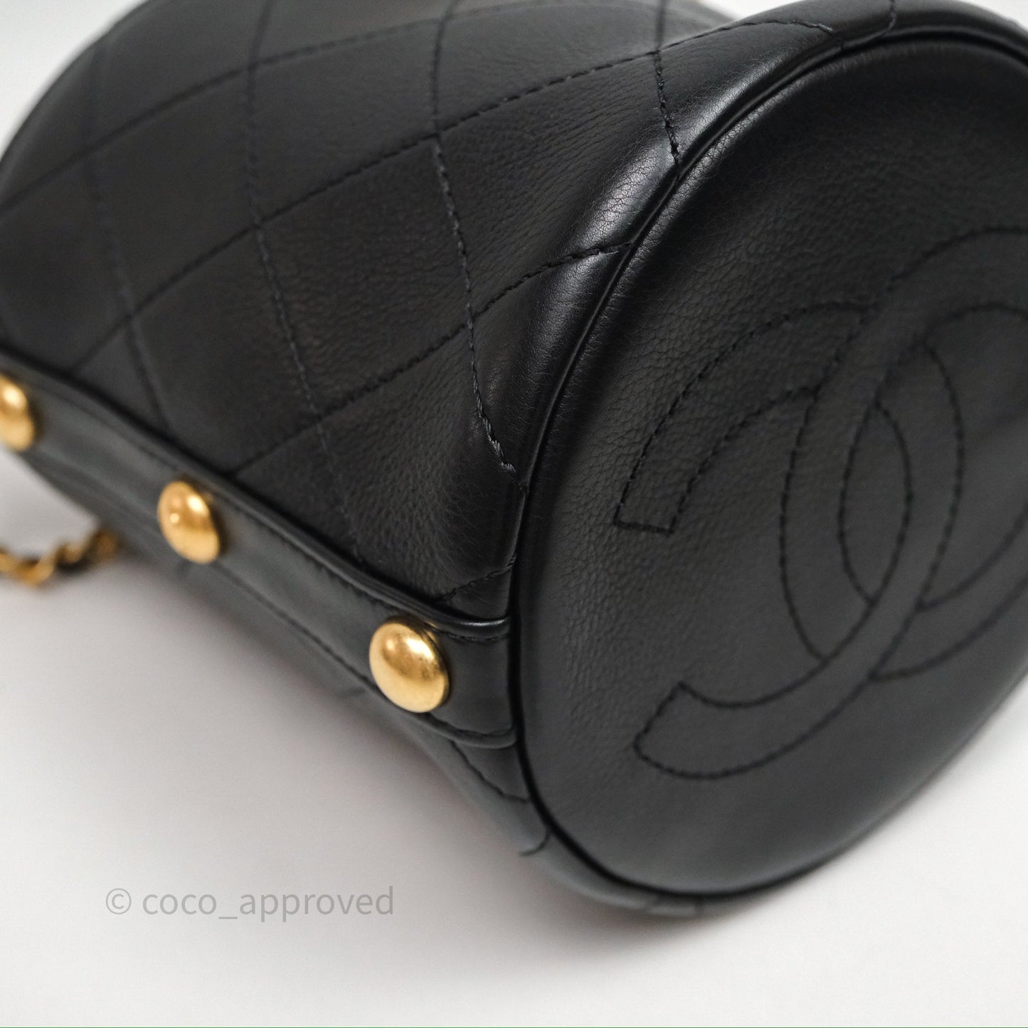 Chanel Drawstring Tweed Bucket Bag Quilted Black Caviar Aged Gold Hardware