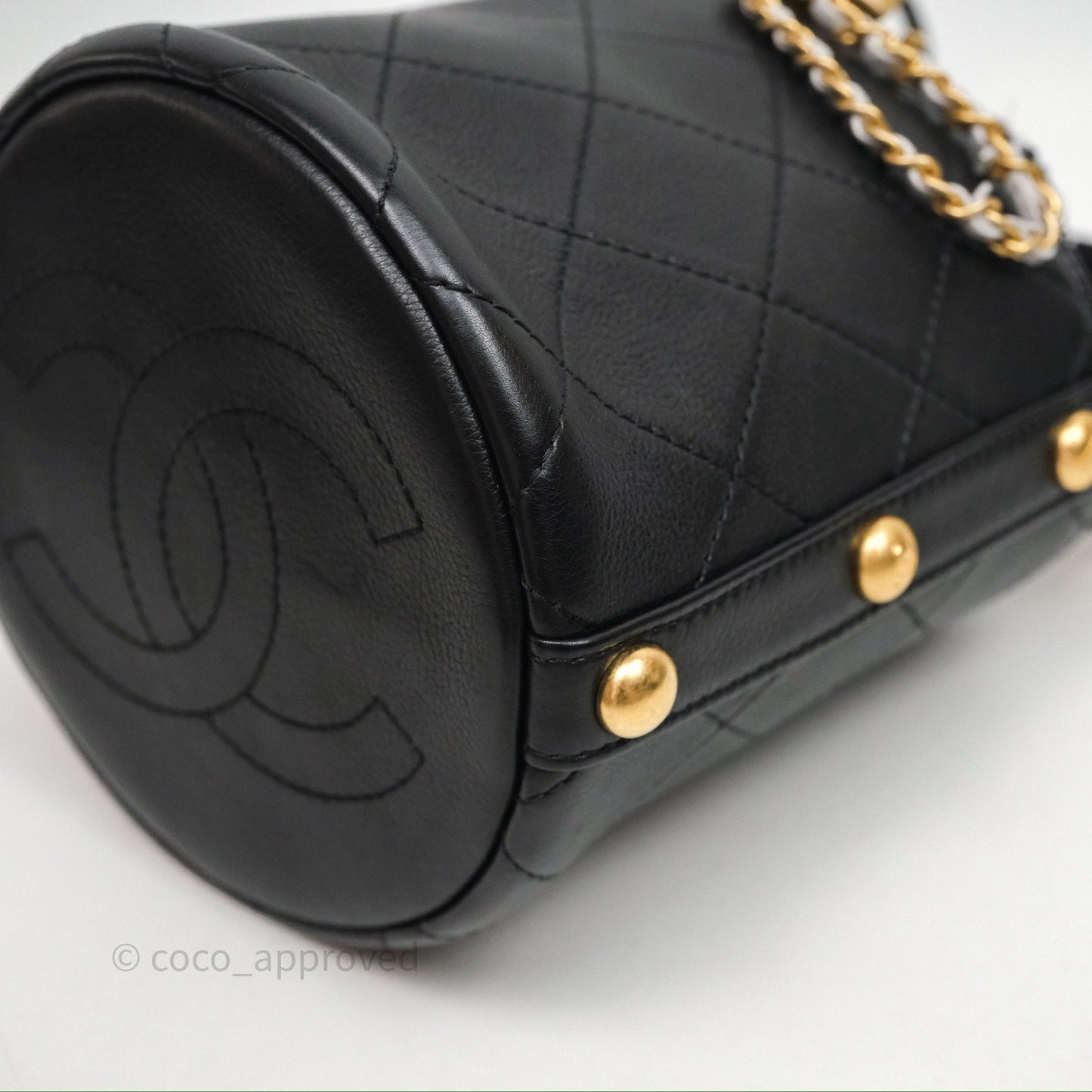 Chanel Drawstring Tweed Bucket Bag Quilted Black Caviar Aged Gold Hardware