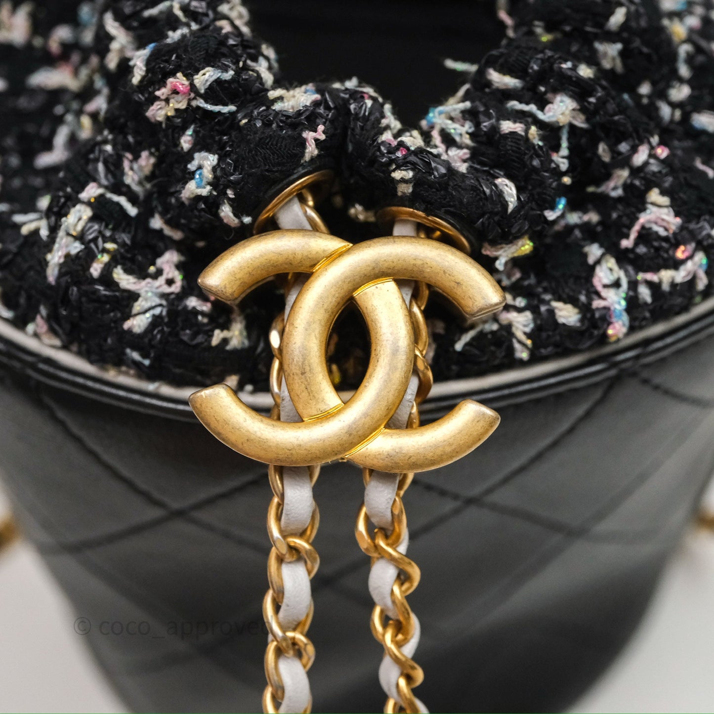 Chanel Drawstring Tweed Bucket Bag Quilted Black Caviar Aged Gold Hardware